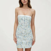 Flower Print Lace Bow Slash Collar Mini Dress